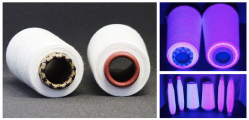 white fluorescence of polyester observed using UV lamp